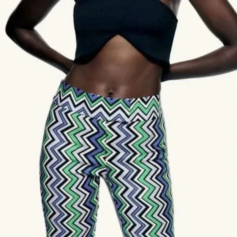 ZARA Linen Blend Cropped‎ Pants ZigZag Print Size Large Retro